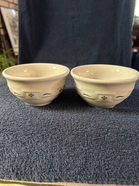 Longaberger Cream Ceramic Bowls with Green Accent Set of 2